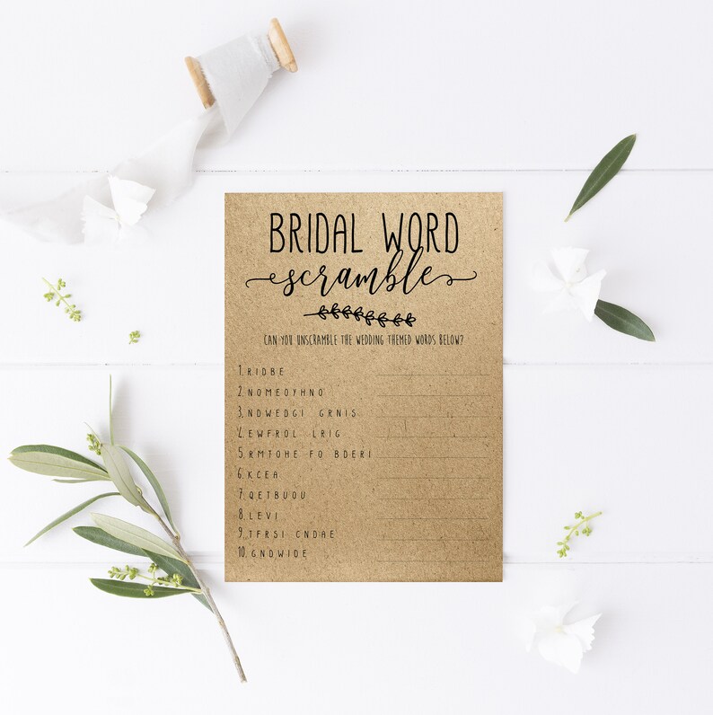 Bridal Shower Game Cards – Wedding Word Scramble, 25 Cards + Answer Card, Minimalist Blue Design