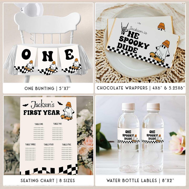 Retro-inspired first birthday bundle with orange, black, and white aesthetic, great for fall baby birthday photo displays and decor.