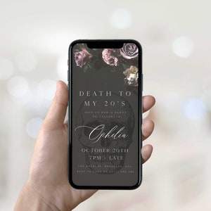 fully editable invitation and mobile invitation celebrating the death of my twenties. Gothic floral death to my twenties invitation suite