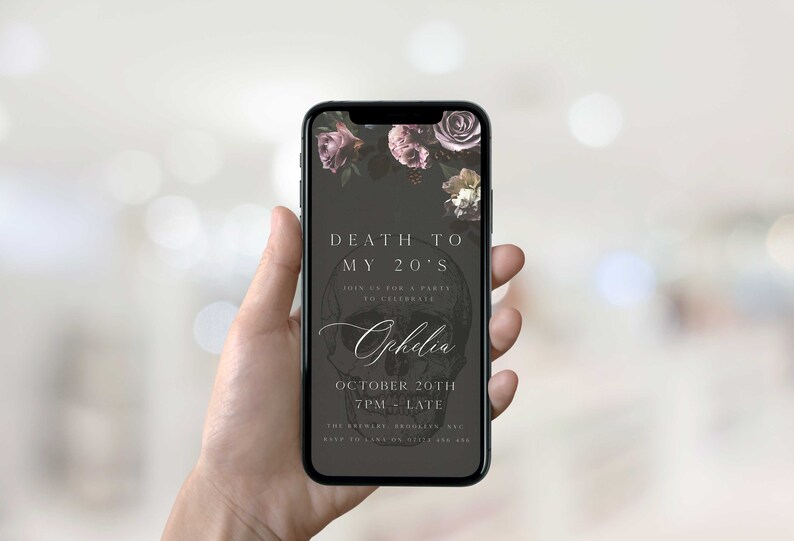 fully editable invitation and mobile invitation celebrating the death of my twenties. Gothic floral death to my twenties invitation suite