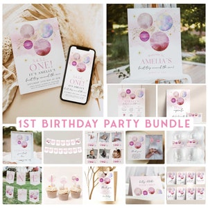 first trip around the sun birthday party bundle in a pink solar theme. The bundle is fully editable and includes items such as invitations, welcome signs, first year sign, tags, labels, bunting and more