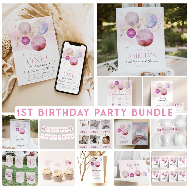 first trip around the sun birthday party bundle in a pink solar theme. The bundle is fully editable and includes items such as invitations, welcome signs, first year sign, tags, labels, bunting and more