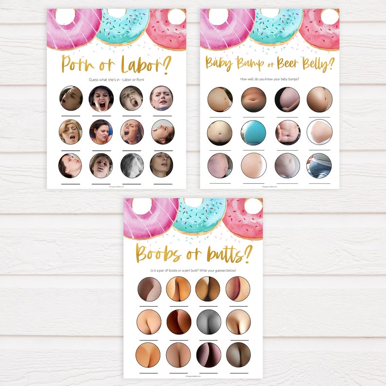 Boobs or Butts D1 Printable Baby Shower Games Labor or Porn Fun Donut Baby Shower Games Donut Baby Games Bundle Baby Bump Beer Belly