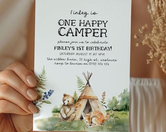 ONE Happy Camper Birthday Invitation, Editable Boho One Happy Camper Birthday Invite, Happy Camper First Birthday, 1st Birthday Invite OHC