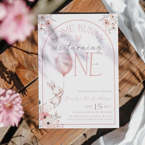 Some Bunny is One First Birthday Invite, Boho Bunny 1st Birthday Editable Invitation, Pink Bunny is One Birthday Invitation Template