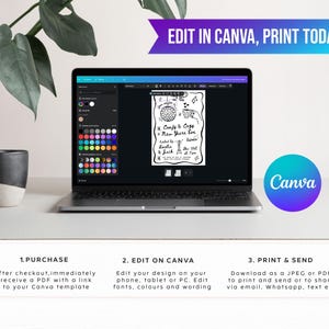 May include: A laptop screen showing a Canva template for a New Year's Eve invitation. The design is in black and white, featuring text and illustrations. The image also includes the Canva logo and instructions for editing and printing the design.