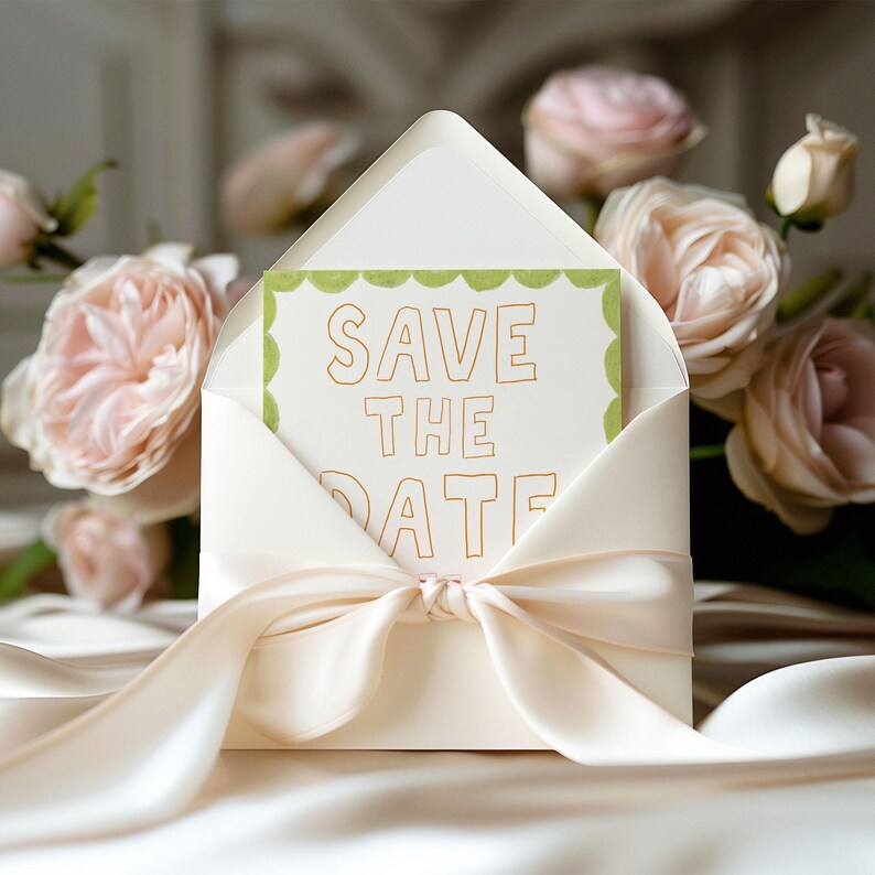 May include: An ivory envelope tied with a satin ribbon, holding a card that reads "SAVE THE DATE" in gold lettering. The card has a green scalloped border. Soft pink roses are in the background.