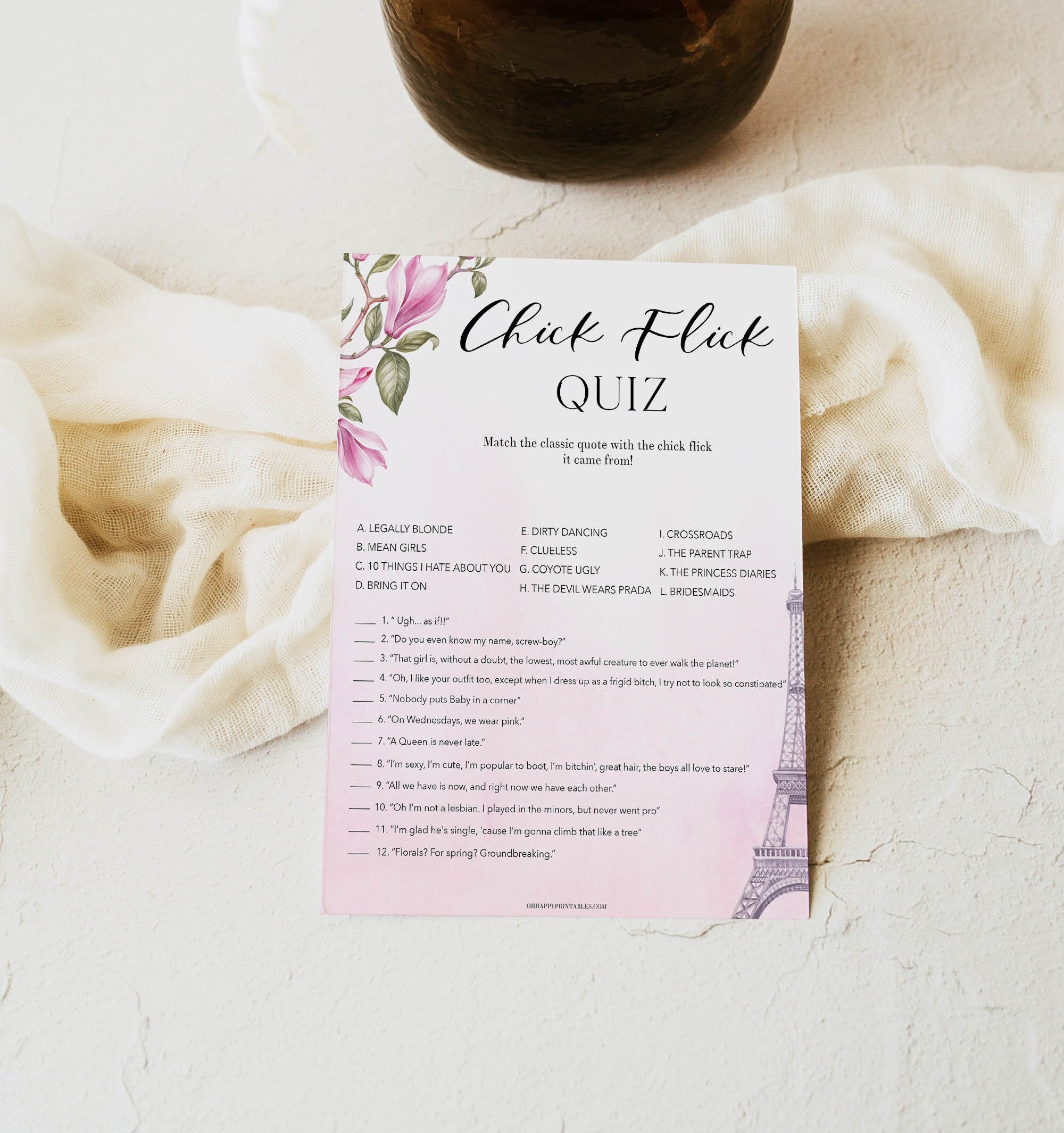 Paris Bachelorette Game Chick Flick Quiz Bachelorette Party - Etsy
