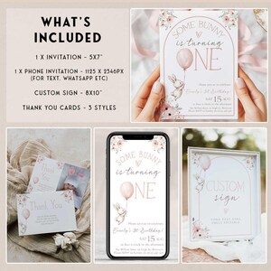 May include: A set of party stationery with a bunny theme, including invitations, phone invitations, custom signs, and thank you cards. The invitation design features a bunny holding a balloon and the text "Some Bunny is turning ONE". The colour scheme is soft pink and white.