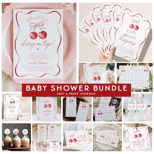 Cherry On Top Baby Shower Bundle, Cherry Baby Bundle, Pink Baby Shower Bundle, Coquette Pink Bow Baby Shower, Editable Baby Bundle COT