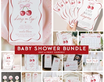 Cherry On Top Baby Shower Bundle, Cherry Baby Bundle, Pink Baby Shower Bundle, Coquette Pink Bow Baby Shower, Editable Baby Bundle COT