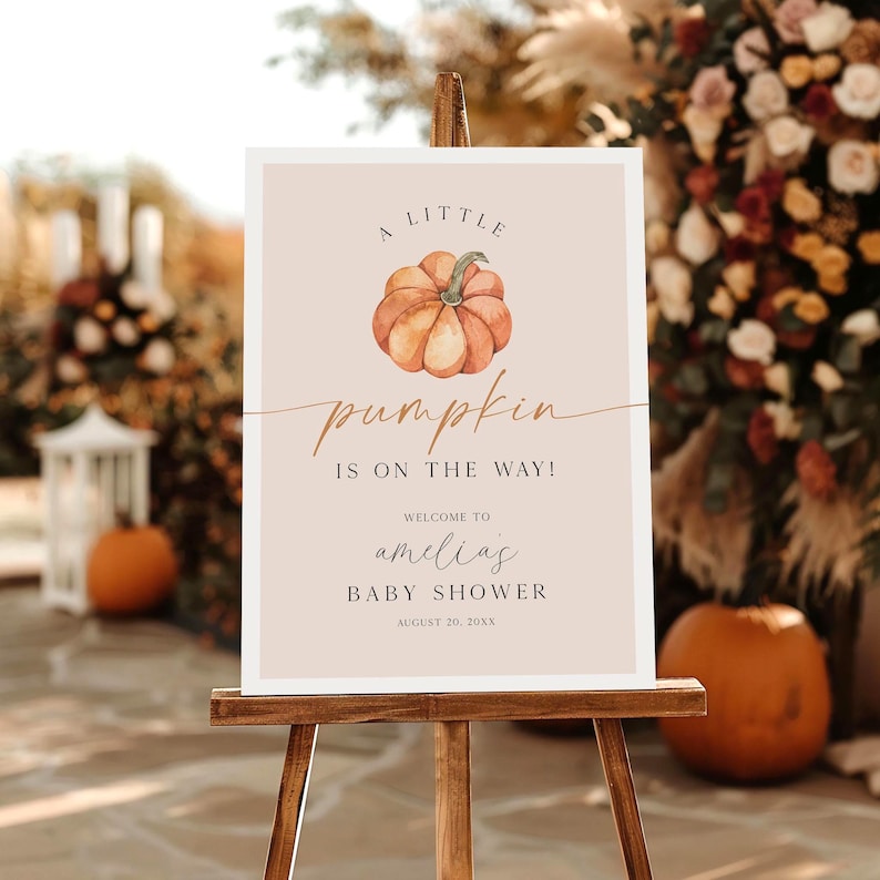 PRINTED + SHIPPED A Little Pumpkin Is On The Way Baby Shower Welcome Sign, Autumn Harvest Baby Shower, Modern Baby Shower Welcome Sign, FAB image 1