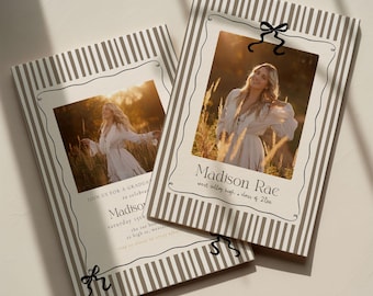 Brown Striped Graduation Invitation Template, Photo Senior Grad Invite With Bows, Class of 2026 Graduation Photo Announcement