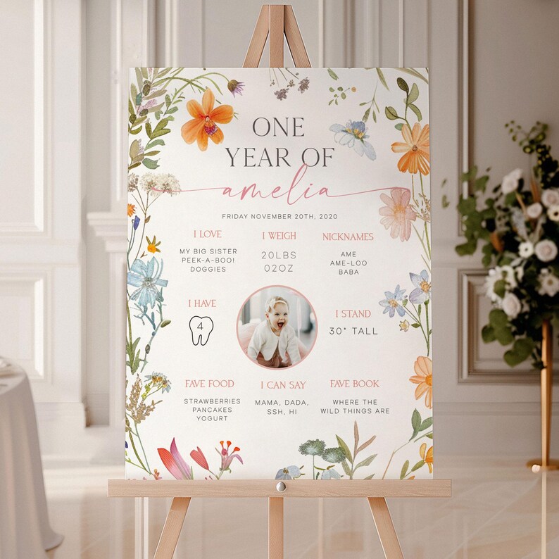 May include: A decorative sign on an easel, featuring floral watercolor designs and the text "ONE YEAR OF amelia." The sign includes a photo, weight of 20lbs 2oz, and height of 30 inches, along with favorite things.