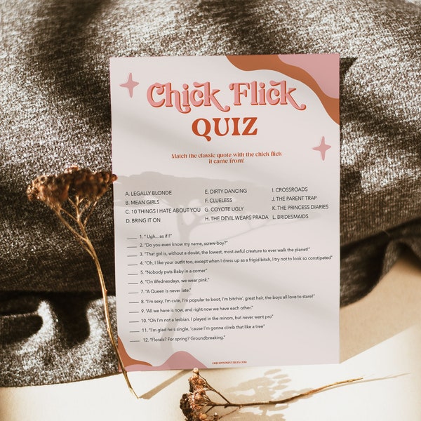 RETRO 70s Bachelorette Party Game, Chick Flick Quiz, Bridal Shower Games, Retro 70s Modern Hen Party Games, Hen Do, Printable Games RS2