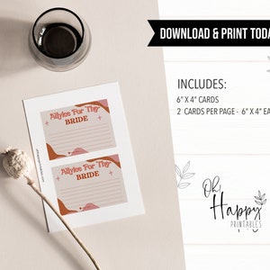 May include: A printable advice card for the bride, featuring the text "Advice For The Bride" in a retro font. The card has a light pink background with brown and pink abstract shapes. The image also includes the text "DOWNLOAD & PRINT TODAY!" and "Oh Happy Printables".