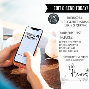 May include: A digital phone screen mockup showing a wedding invitation template with the text "Aspen & Matthew" in black text. The invitation is for a wedding and includes editable photo, text, details, and gifts note. The invitation is provided at 1125 x 2346 pixels and fits most phones.