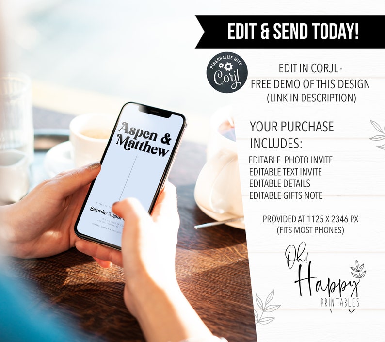 May include: A digital phone screen mockup showing a wedding invitation template with the text "Aspen & Matthew" in black text. The invitation is for a wedding and includes editable photo, text, details, and gifts note. The invitation is provided at 1125 x 2346 pixels and fits most phones.