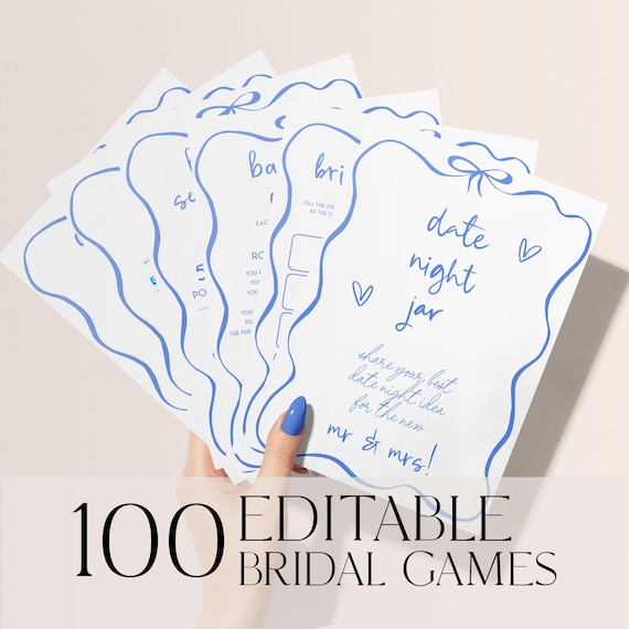 100 Blue Bridal Shower Games Template, Something Blue Before I Do Bachelorette Party Games, Hand Drawn Ribbon Bachelorette Games, Doodle STB