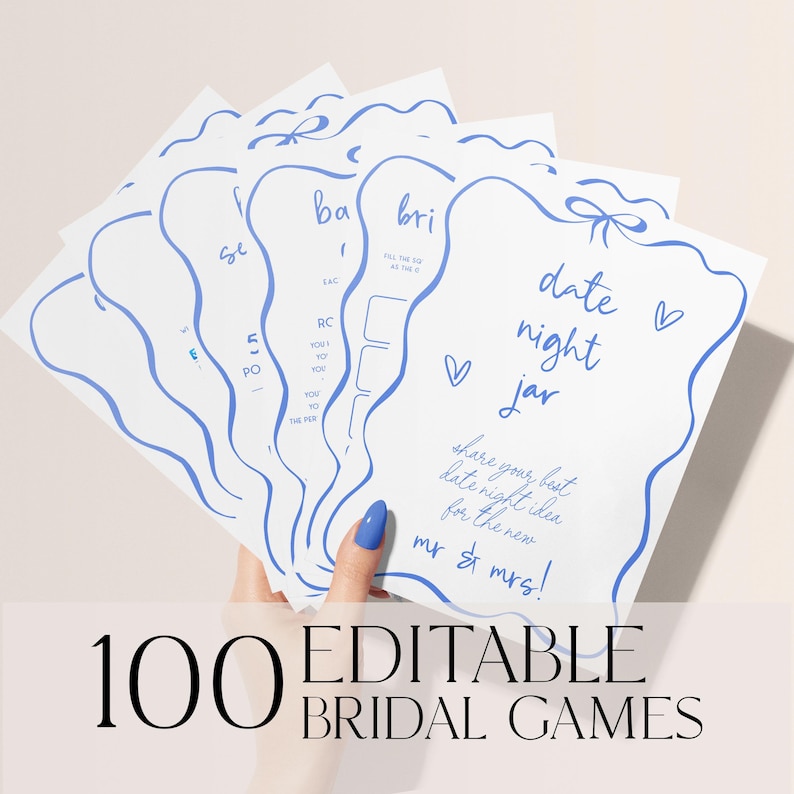100 Blue Bridal Shower Games Template, Something Blue Before I Do Bachelorette Party Games, Hand Drawn Ribbon Bachelorette Games, Doodle STB image 1