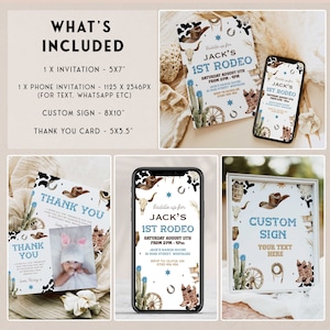 May include: A collection of rodeo-themed party stationery. Includes a 5x7 inch invitation, a phone invitation, a custom 8x10 inch sign, and a 5x3.5 inch thank you card. Designs feature cowboy hats, cacti, and horseshoes, with text that reads "Jack's 1st Rodeo."
