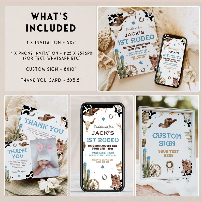 May include: A collection of rodeo-themed party stationery. Includes a 5x7 inch invitation, a phone invitation, a custom 8x10 inch sign, and a 5x3.5 inch thank you card. Designs feature cowboy hats, cacti, and horseshoes, with text that reads "Jack's 1st Rodeo."