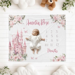Princess Baby Milestone Blanket Custom Name Blanket Fairytale Princess New Baby Month Tracker Blanket Personalized Baby Shower Keepsake Gift