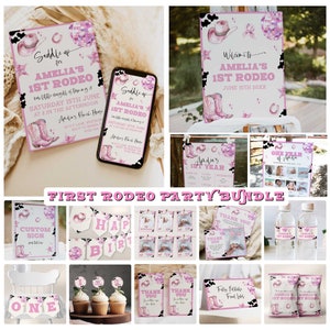 Cowgirl 1st Birthday Bundle, My First Rodeo Editable Invitation & Decor Template Set, Disco Cowgirl Western First Rodeo Birthday Bundle FR1