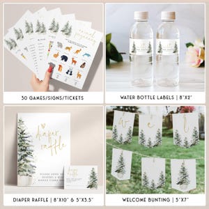 Puede incluir: Un conjunto de decoraciones imprimibles para una fiesta de baby shower con tem&aacute;tica de bosque. El conjunto incluye un cartel para la rifa de pa&ntilde;ales, una guirnalda de bienvenida, etiquetas para botellas de agua y tarjetas de juego. Las decoraciones presentan una escena de bosque de estilo acuarela con acentos dorados.