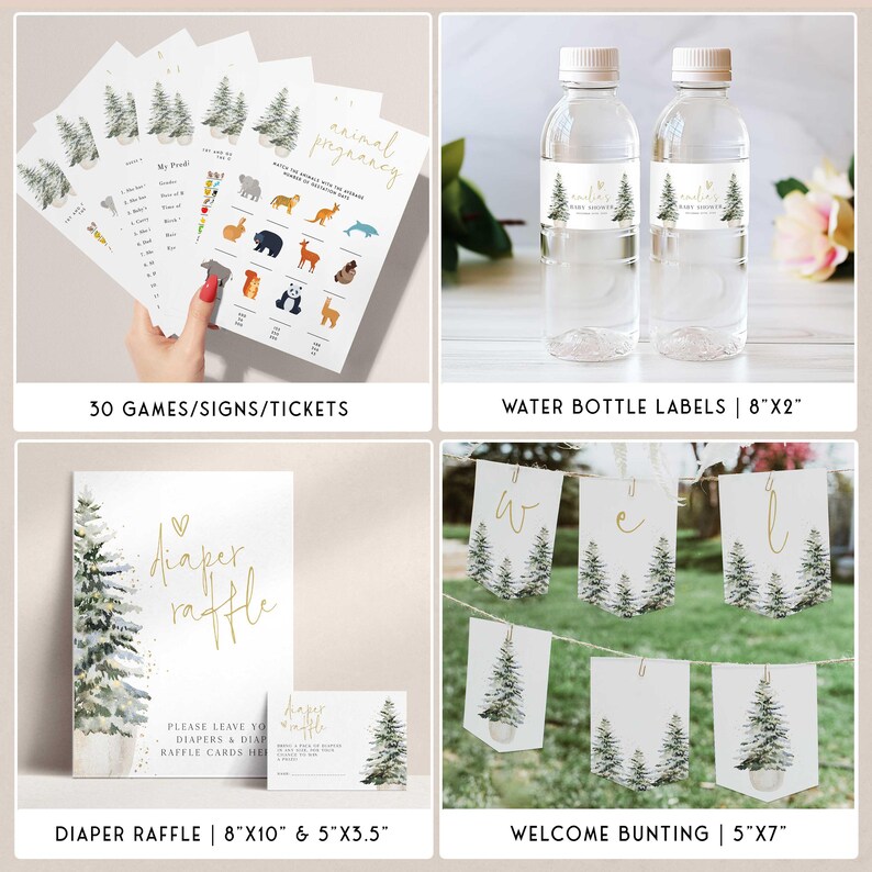 Puede incluir: Un conjunto de decoraciones imprimibles para una fiesta de baby shower con tem&aacute;tica de bosque. El conjunto incluye un cartel para la rifa de pa&ntilde;ales, una guirnalda de bienvenida, etiquetas para botellas de agua y tarjetas de juego. Las decoraciones presentan una escena de bosque de estilo acuarela con acentos dorados.