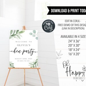 May include: A printable sign for a bachelorette party with a green leafy design. The sign says "Welcome to Olivia's Hen Party" and includes the date August 22nd, 2023, and "35 days to go!"