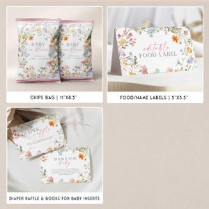 Op de afbeelding: Babyshower briefpapier met bloemmotieven. De afbeelding toont chipszakken, voedseletiketten en inzetstukken voor een luierloterij en boeken voor baby's. De chipszakken zijn 27,9 cm x 21,6 cm, de voedseletiketten 12,7 cm x 8,9 cm.