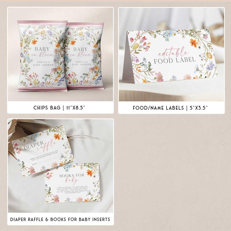 Op de afbeelding: Babyshower briefpapier met bloemmotieven. De afbeelding toont chipszakken, voedseletiketten en inzetstukken voor een luierloterij en boeken voor baby's. De chipszakken zijn 27,9 cm x 21,6 cm, de voedseletiketten 12,7 cm x 8,9 cm.