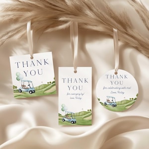 Plantilla de etiquetas de regalo para cumpleaños de golf, etiqueta de regalo editable para fiesta de hoyo en uno, etiquetas para fiesta de golf de primer cumpleaños, etiquetas para fiesta de golf de primer cumpleaños GO1