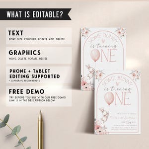 Some Bunny is One First Birthday Invite, Boho Bunny 1st Birthday Editable Invitation, Pink Bunny is One Birthday Invitation Template