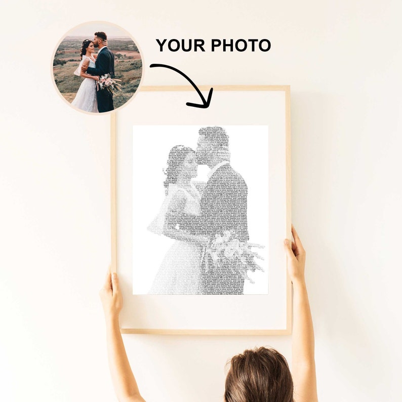 May include: A framed print featuring a couple in a tender embrace, composed of text. The image is in black and white, with the words "YOUR PHOTO" above it. The frame is light-colored.