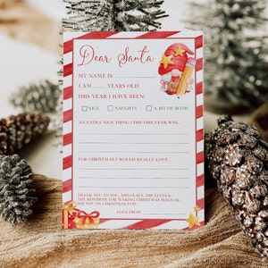 Plantilla Carta a Papá Noel, Carta de Papá Noel Imprimible, Carta Infantil A Papá Noel, Descarga Instantánea, Carta de Navidad a Papá Noel, Carta Editable, Gnomo