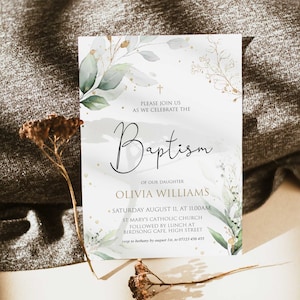 EDITABLE Baptism Invitation Template, Botanical, Printable Baptism Invitation, LDS Gold Greenery, Baptism Invite, Instant Download, Girl GLB