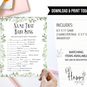 Name That Baby Song Game, Printable Baby Shower Games, Greenery Baby ...
