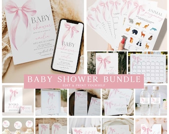 Pink Bow Baby Shower BUNDLE Template, Pink Bow Baby Shower Invitation Bundle, Pink Coquette Baby Shower Invitation, 60 Baby Shower Games PBB