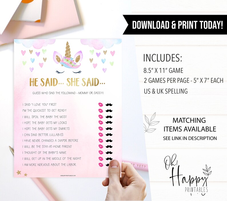 Unicorn Baby Shower He Said She Said Baby Game Printable | Etsy