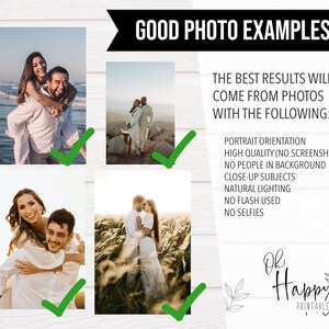 May include: A graphic with the text "GOOD PHOTO EXAMPLES" and "THE BEST RESULTS WILL COME FROM PHOTOS WITH THE FOLLOWING:" followed by a list of photo tips. The image also includes four example photos and the logo for "Oh Happy Printables."