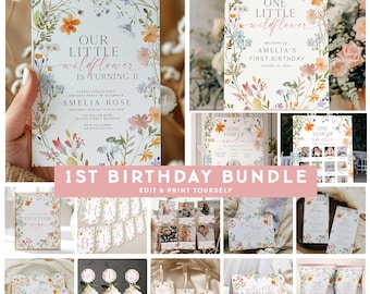 Wildflower First Birthday Bundle, Wildflower 1st Birthday Bundle, Wildflower Birthday, Wildflower Birthday Invite, Wildflower Party LWF