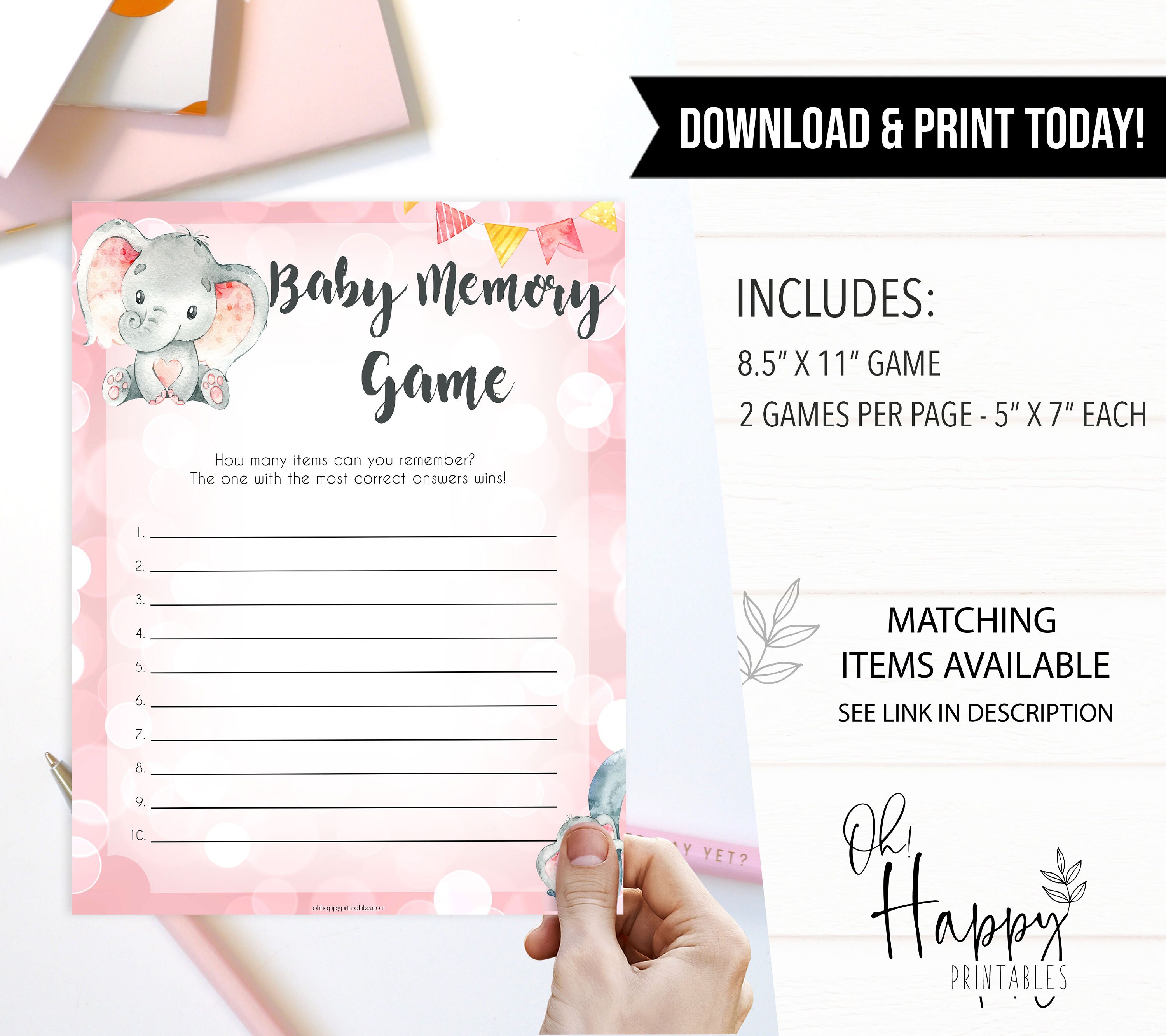 Baby Shower Memory Game Printable Baby Shower Games Pink Etsy