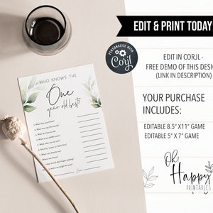 May include: Printable game card with a watercolor floral design. The card has the text "Who knows the one year old best?" and a list of questions about a baby's first year. The card is 8.5 inches by 11 inches.