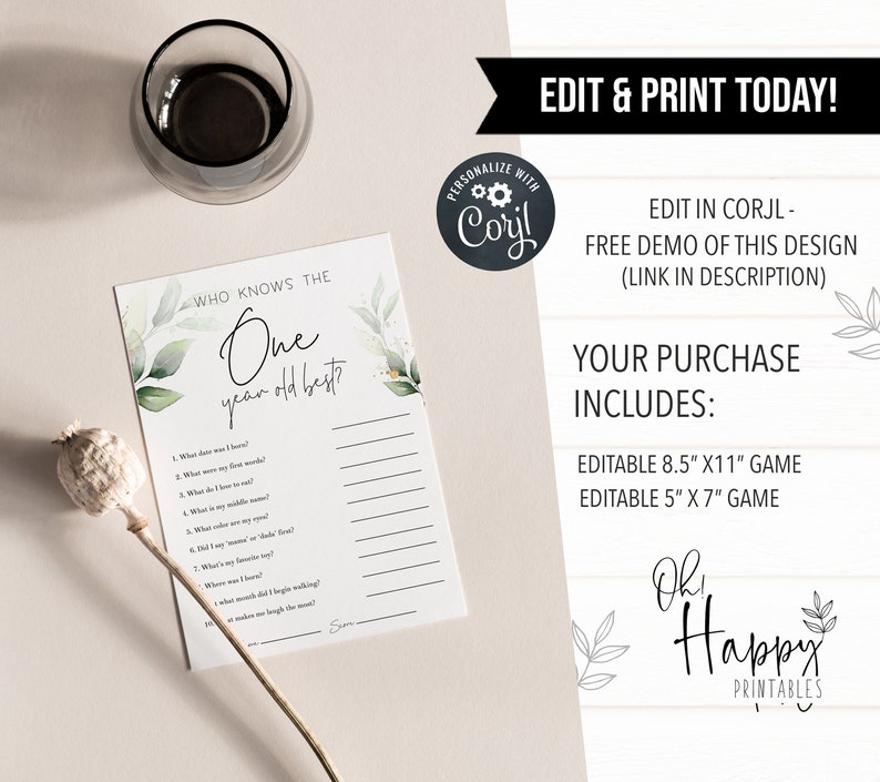 May include: Printable game card with a watercolor floral design. The card has the text "Who knows the one year old best?" and a list of questions about a baby's first year. The card is 8.5 inches by 11 inches.