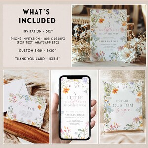 May include: A collection of baby shower stationery featuring floral designs. Includes a 5x7 inch invitation, a phone invitation, a custom 8x10 inch sign, and a 5x3.5 inch thank you card. The text "A Little Wildflower is on the Way" is visible.