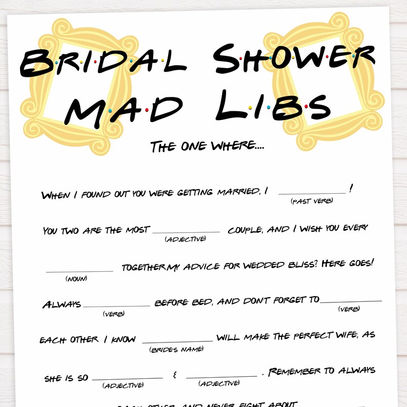 The One Where Bridal Mad Libs Printable Bridal Games Friends | Etsy