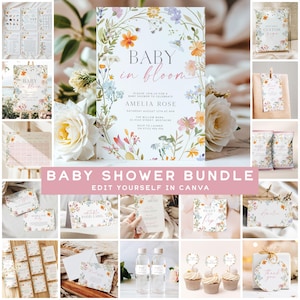 May include: A baby shower bundle featuring floral designs. The invitation says "Baby in Bloom" with event details. Includes stationery such as thank you cards, menu cards, and cupcake toppers. The text "Baby Shower Bundle" is also visible.