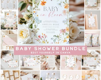 Puede incluir: Un paquete para baby shower con diseños florales. La invitación dice "Baby in Bloom" con detalles del evento. Incluye varios artículos de papelería como tarjetas de agradecimiento, menús y adornos para cupcakes. También se ve el texto "Baby Shower Bundle".